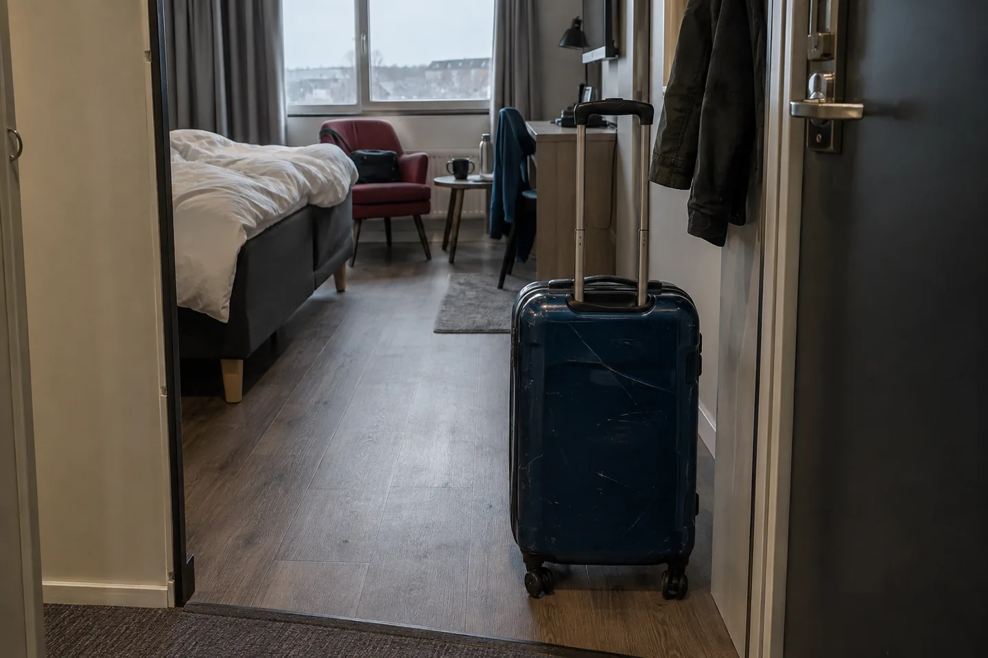 Kabinväska vid dörren till ett enkelt hotellrum