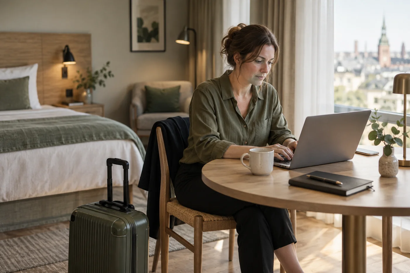 En person arbetar med sin dator under en jobbresa.